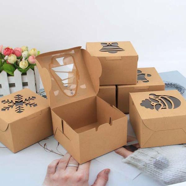 

gift wrap 5pc kraft box with black christmas tree snowman snowflake pattern packaging wedding hnadmade candy chocolate