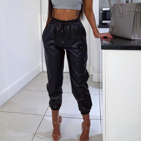 

women's pants & capris waterproof outdoor elastic waist windproof women trousers faux leather long high streetwear, Black;white