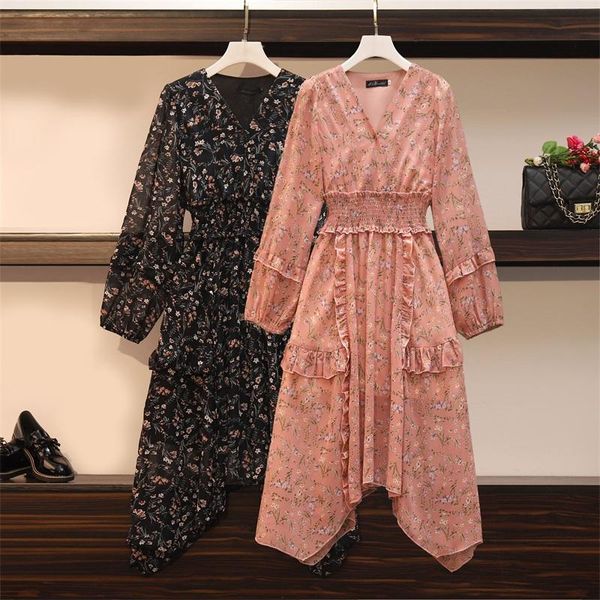 

casual dresses women's floral print summer elegant long sleeve boho empire sundress v neck ladies clothes plus size, Black;gray