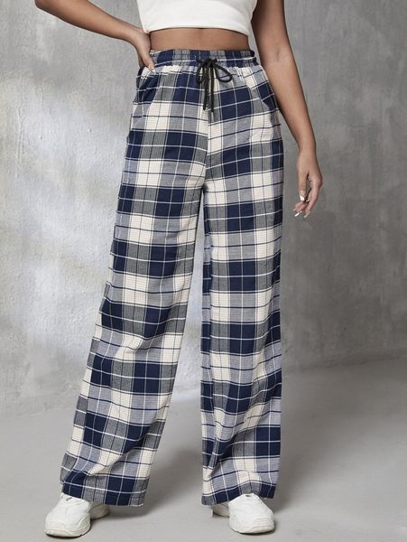 

plaid print drawstring waist pants c137#, Black;white