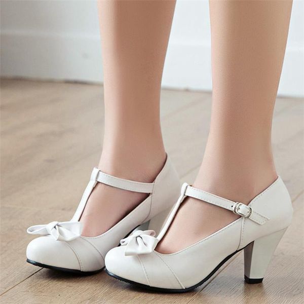 

dress shoes agodor t strap women high heels pumps round toe block heel bow buckle woman big size white pink black