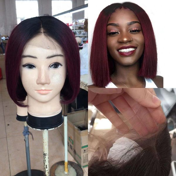 

short bob 13x4 lace front wigs 1b 99j indian straight burgundy human hair pre plucked wig ombre wine red 130%, Black;brown