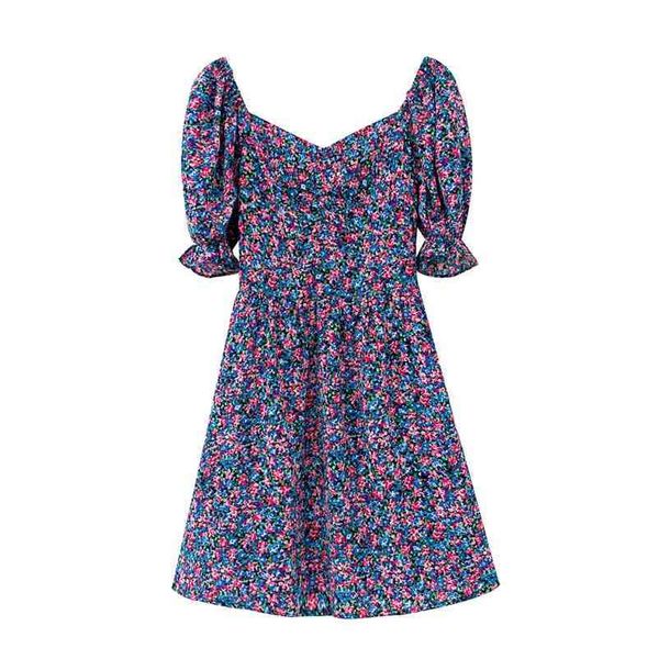 

women dress fashion v-neck floral printed purple slim short ruffled sleeve a-line pleated mini 210524, Black;gray