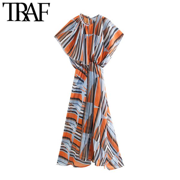 

traf women chic fashion color striped chiffon maxi dress vintage elastic waist asymmetric side vents female dresses 210415, Black;gray