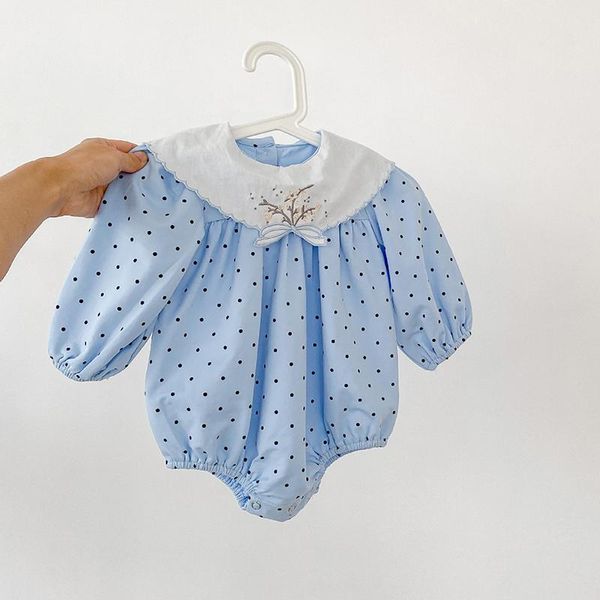 

rompers baby girls bodysuit embroidered collar polka dot long sleeves jumpsuit infant clothes toddler triangle clothing one-piece, Blue