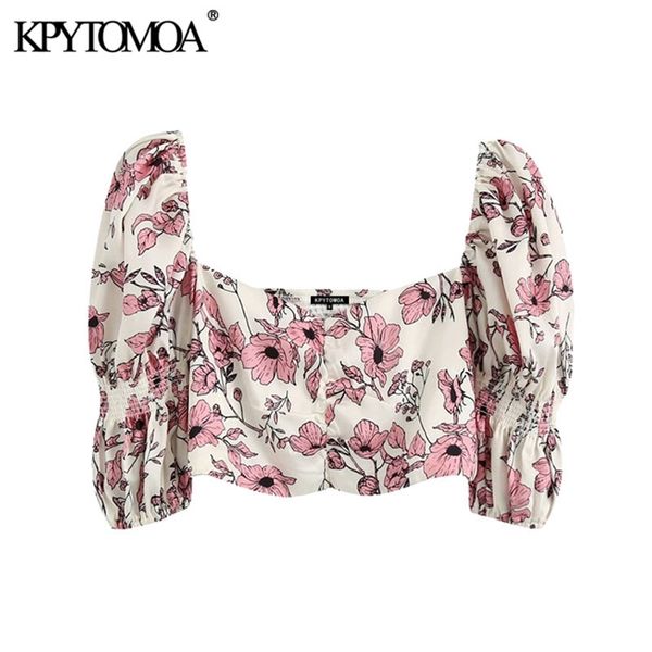 

women fashion floral print cropped blouses puff sleeve back stretch female shirts blusas chic 210420, Black;white