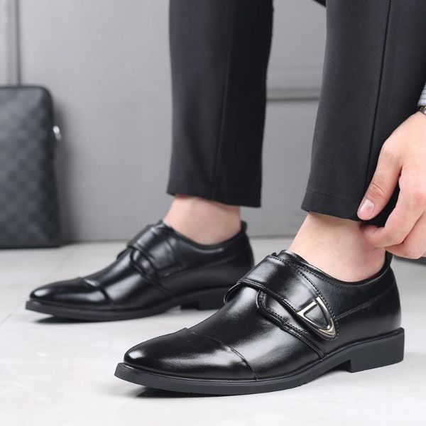 

luxury genuine leather men oxford shoes pointed toe mens dress with buckle male wedding hombre business shoe, Black