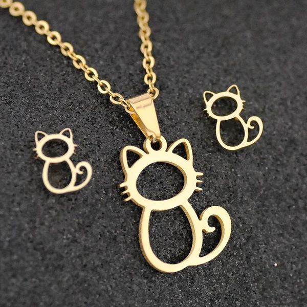 

earrings & necklace lovely gold color curved tail cat jewelry set stainless steel pet studs for women kids birthday gifts, Silver