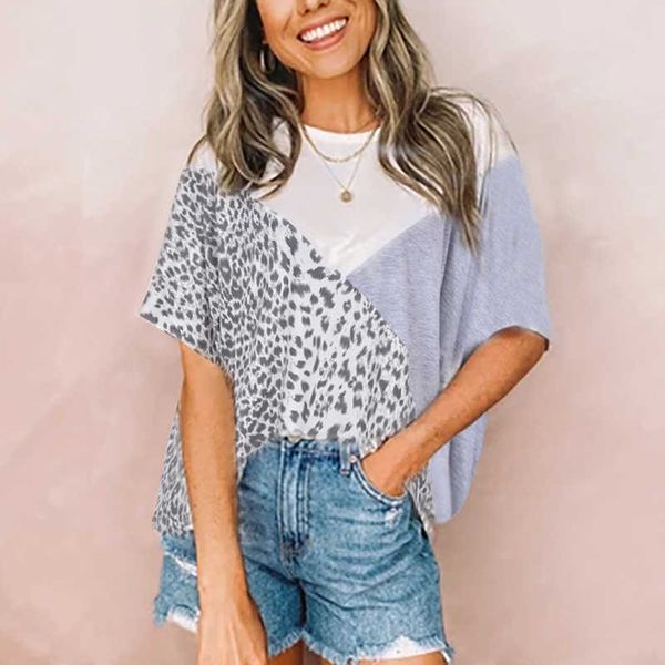 

summer leopard patchwork casual t shirt women loose short sleeve o neck streetwear female pullover ladies tee shirts 210608, White