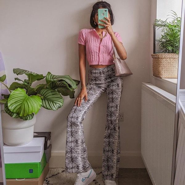 

fashion printed flared pants women 2021 spring summer casual trousers streetwear vintage straight high waist women's & capris, Black;white