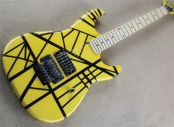 

big headstock kra eddie van halen 5150 electric guitar white & red yellow black stripe floyd rose tremolo locking nut maple neck fingerboard