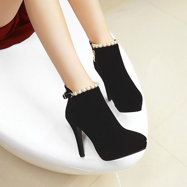 

boots oversized women shoes ankle for ladies woman winter pearl string belt buckle side zipper, Black