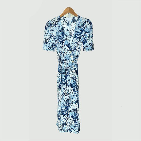 

casual dresses spring summer blue short sleeve v neck floral print belted buttons single-breasted dress & fashion md09175089 9zrq, Black;gray