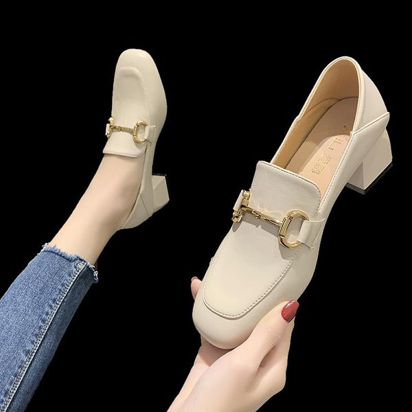 

dress shoes elegant womens high heels with metal buckle loafers comfortable pu mid-heel casual british style oxford, Black