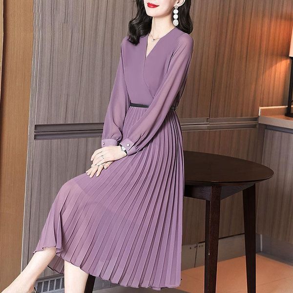

casual dresses pleated dress female 2021 spring and autumn mid-length with over-the-knee temperament waist slimming, Black;gray