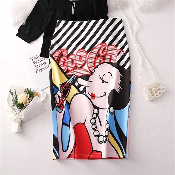 

a line fashion cartoon print tube womens skirt summer step sweet versatile office lady body female falda wa527, Black
