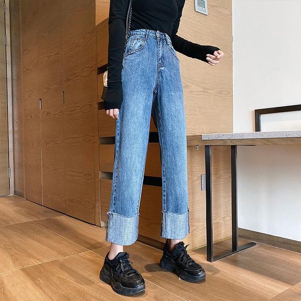 

women's jeans spring 2021 high waisted slim curly straight leg wide pants korean loose retro color capris women, Blue