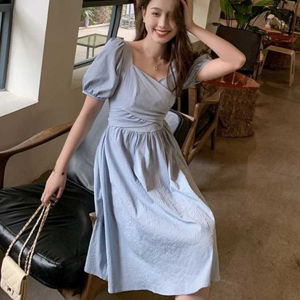 

women solid elegant french ladies v-neck puff sleeve party dresses summer high waist casual slim chic dress vestidos 210526, Black;gray