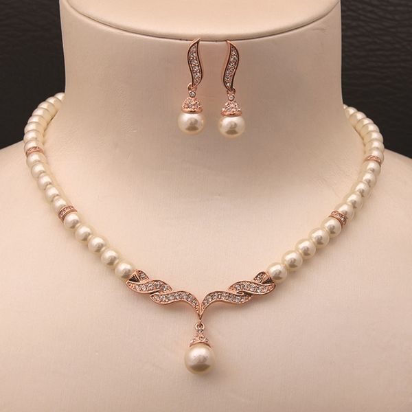 

rose gold color cream glass pearl and rhinestone crystal bridal necklace and earrings jewelry sets, Silver