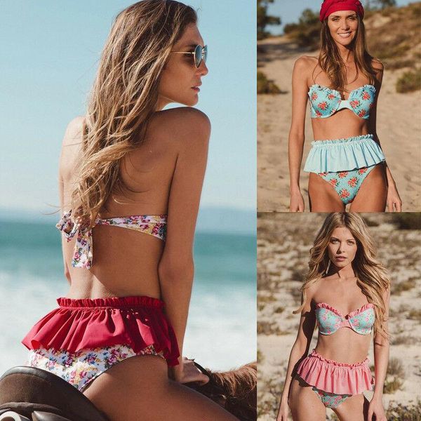 

summer women lady floral ruffle swimwear bikini set push-up padded bra bathing suit swimsuit one-piece suits
