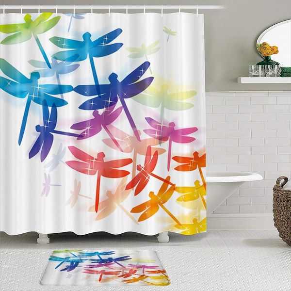 

shower curtain sets with non-slip rugs,colorful dragonfly set,waterproof bath curtains hooks and bath mat rug included