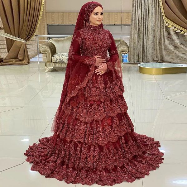 Borgonha Lace Beaded Vestidos de Noiva 2022 Pescoço alto Islâmico Dubai Saudita Árabe Muçulmano Puffy Saia Saco de Manga Longa Vestidos Bridais