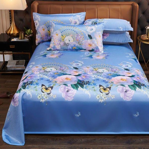 

three-piece set of summer ice silk mat 1pcs flower sheets bed sheet+ 2 pcs case queen king size & sets