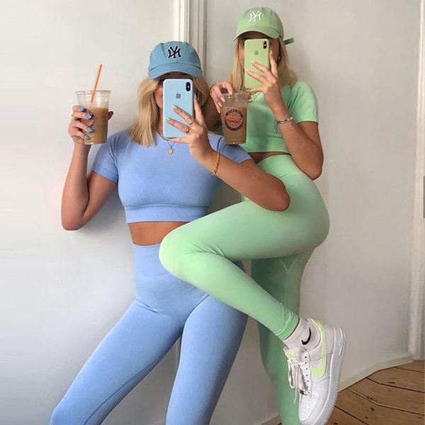 

yoga outfit 7 colors women seamless set short sleeve crop high waist sport leggings active wear gym suit workout clothes for