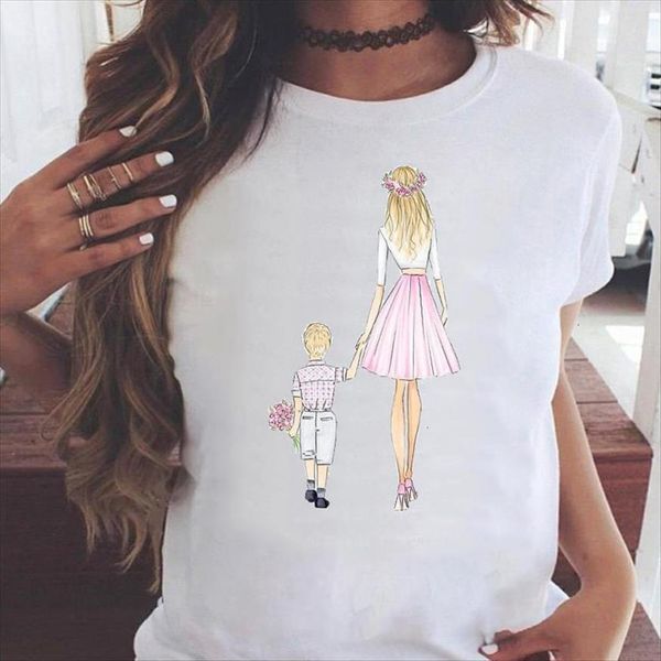 

graphic fashion cartoon son women t shirt lovely short sleeve sweet mama mom mother summer print female clothes tees, White