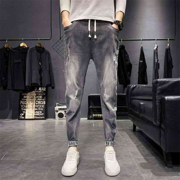 

men's jeans autumn and winter bunched korean fashion students' elastic casual slim little feet harun capri pants zijn, Blue