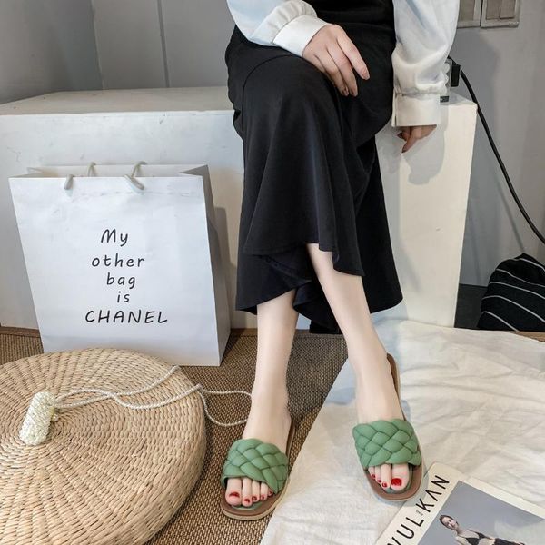 

slippers fashion flat woven ladies beach home women sandals summer 2021, Black