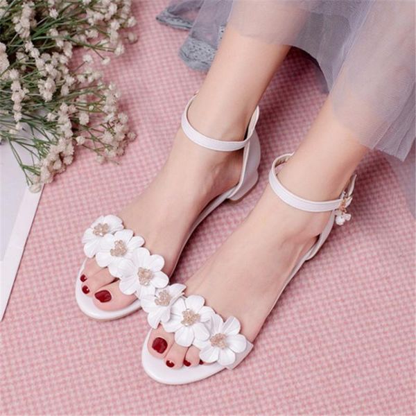 

sandals pxelena summer cute flower crystal girls low heels white beige pink ankle strap party school dance shoes plus size 34-43, Black