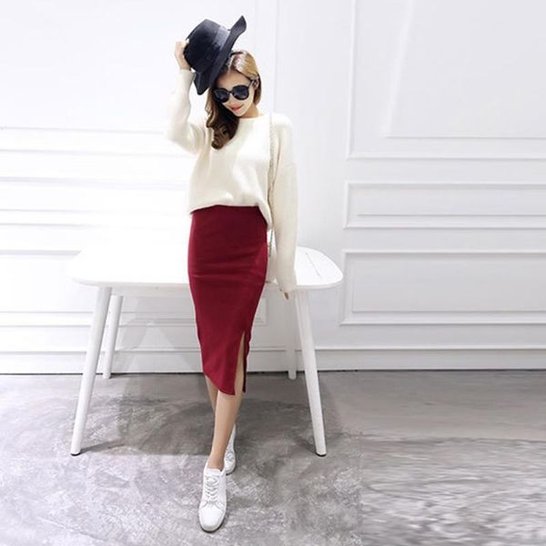 

skirts spring autumn ladies split pencil women slim package hip skirt lady winter chic wool rib knit saia, Black