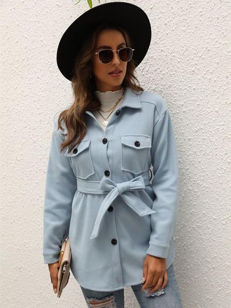 

women's wool & blends lace up coat winter for women 2021 long sleeve outer casual wear solid color thick warm fashion clothing lady jac, Black