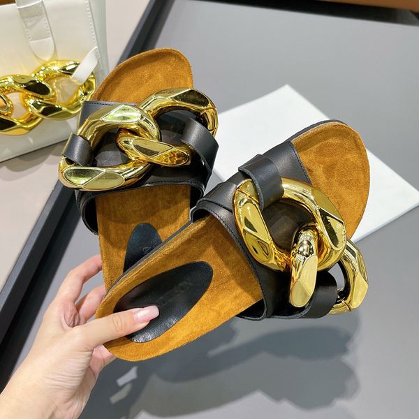 

designer women jw loafers mules slippers london brand ja sandals genuine leather cowskin wood bottom flat heels slides gold chain slipper lu, Black
