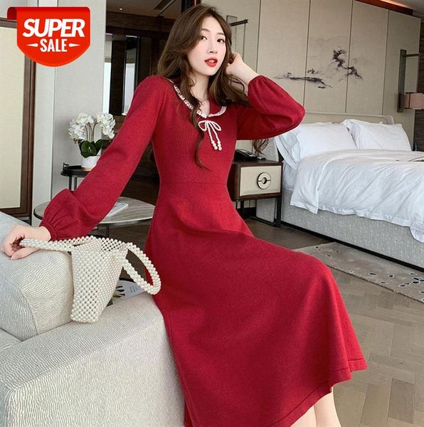 

years korean style simple knitted doll collar dress mid-length over-the-knee base sweater #kb1z, Black;gray