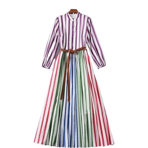 

runway dresses europe and america spring cotton striped long sleeve dress 33a6, Black
