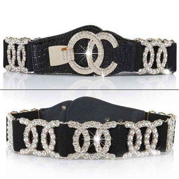 

2021 low price wholesale fashion women's versatile dress decoration accessories wide waistband with diamond elastic belt k44o, Black;brown