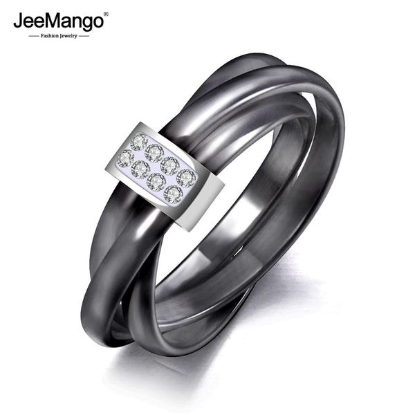 

wedding rings jeemango exclusive 3 layers black/white ceramic crystal jewelry rose gold stainless steel rhinestone ring jr19066, Slivery;golden