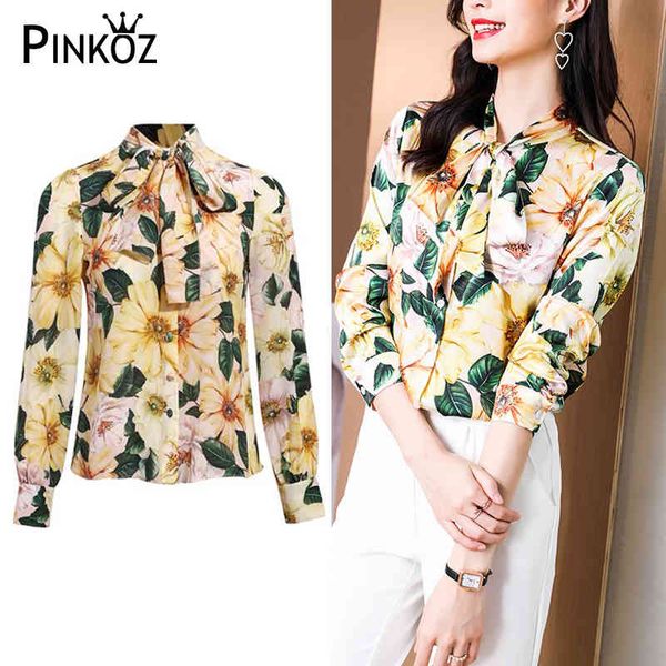 Bluse Summer Spring Fashion Design Frauen Camellia Blumen gelb Print Chiffon Casual Plus Size Elegant Shirt Lady 210421