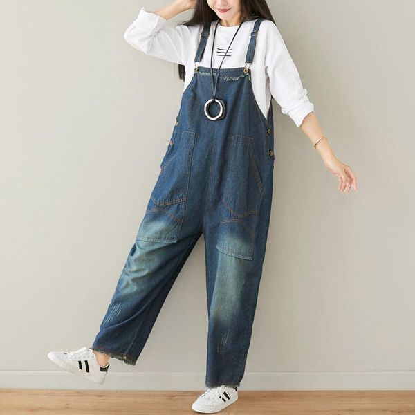 

women's jumpsuits & rompers vintage wash jeans show thin hair must be worn out big yards loose suspenders is adjustable, Black;white