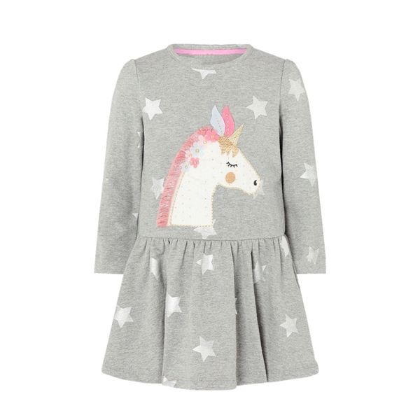 

jumping meters long sleeve grey unicorn princess girls dresses cotton stars children's 2-7t clothes fashion party frocks, Red;yellow