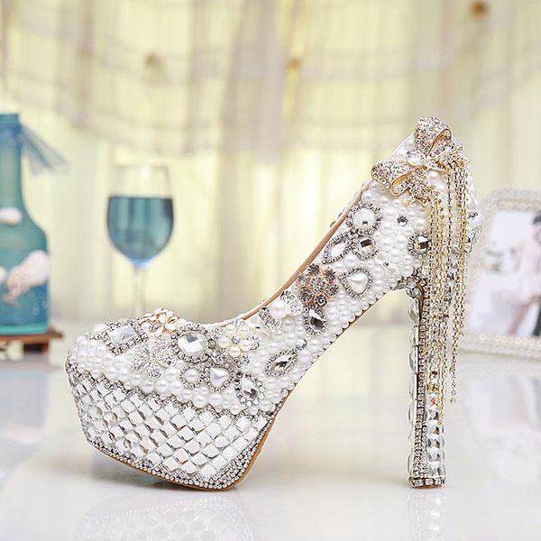 

gorgeous white ultra high heels women's bridal dress shoes prom crystal rhinestone bride pearl wedding pumps women, Black