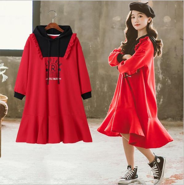 

girl's dresses korean fashion girl dress 2021 spring red black patchwork long sleeve hooded kids clothes 6 8 10 12 year, Red;yellow