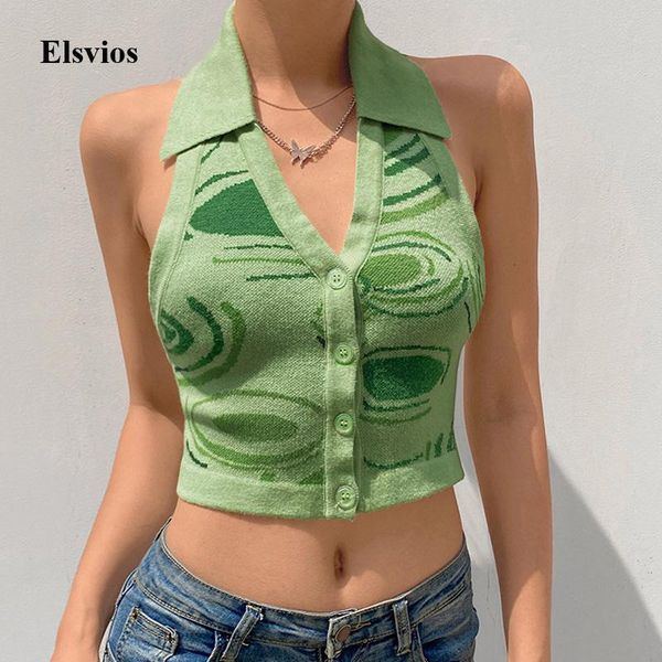 

women's blouses & shirts fashion summer sleeveless knitted sweater shirt women elegant irregular print button blouse halter backless cr, White