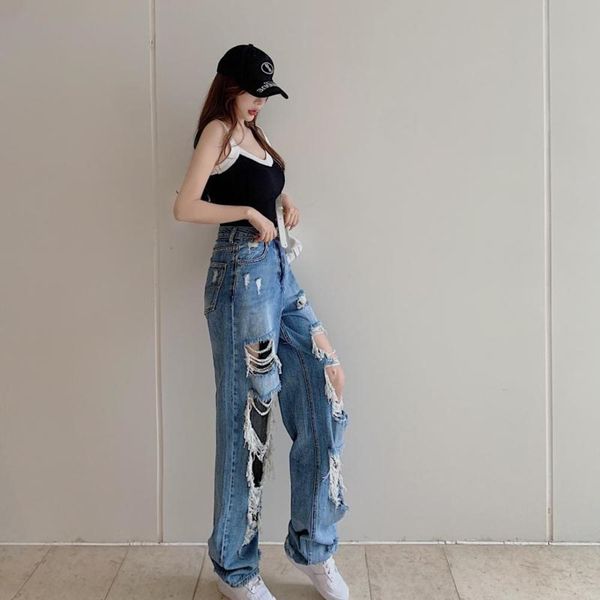 

hole in summer, elegant style, thin and tube wide leg pants, Blue