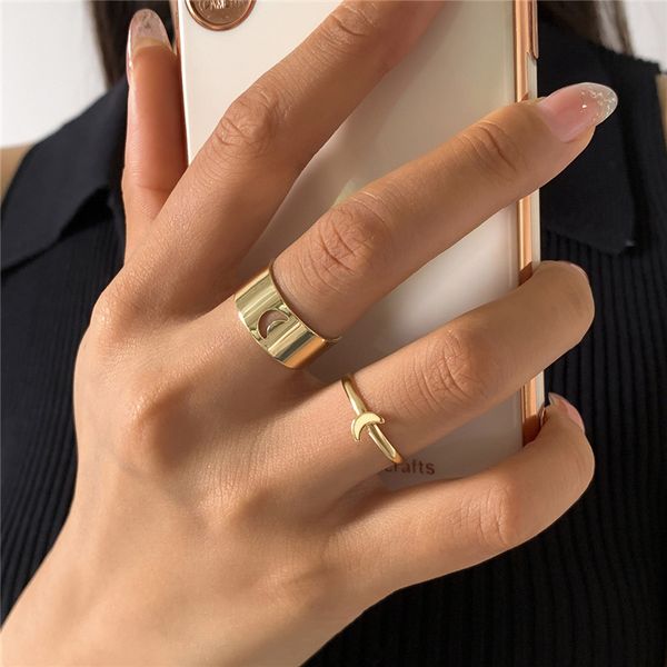 

european sweet moon hollow lovers rings punk wide alloy couple opening ring women geometric party gift finger jewelry accessories wholesale, Golden;silver