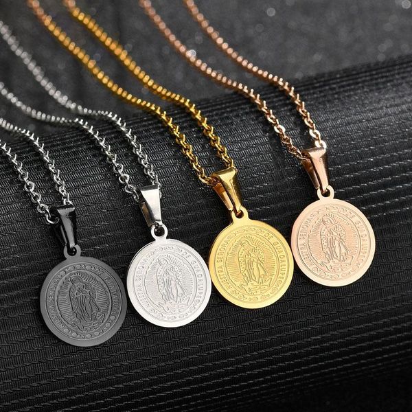 

pendant necklaces women stainless steel coin necklace relief madonna cross jewelry gifts elegant clavicle chain, Silver