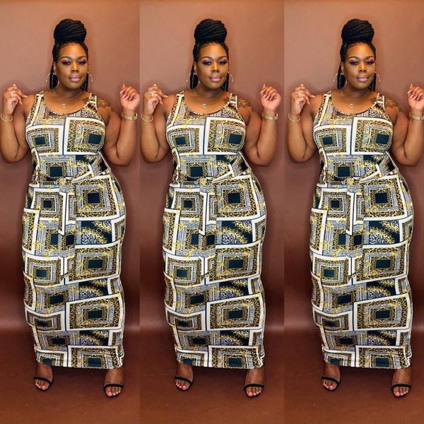 

casual dresses rmsfe 2021 design fashion high elasticity party sleeveless low neckline graphic print tight waist lift hips slim long dress, Black;gray