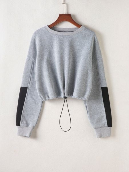 

contrast panel drawstring hem drop shoulder pullover k56l#, White;black